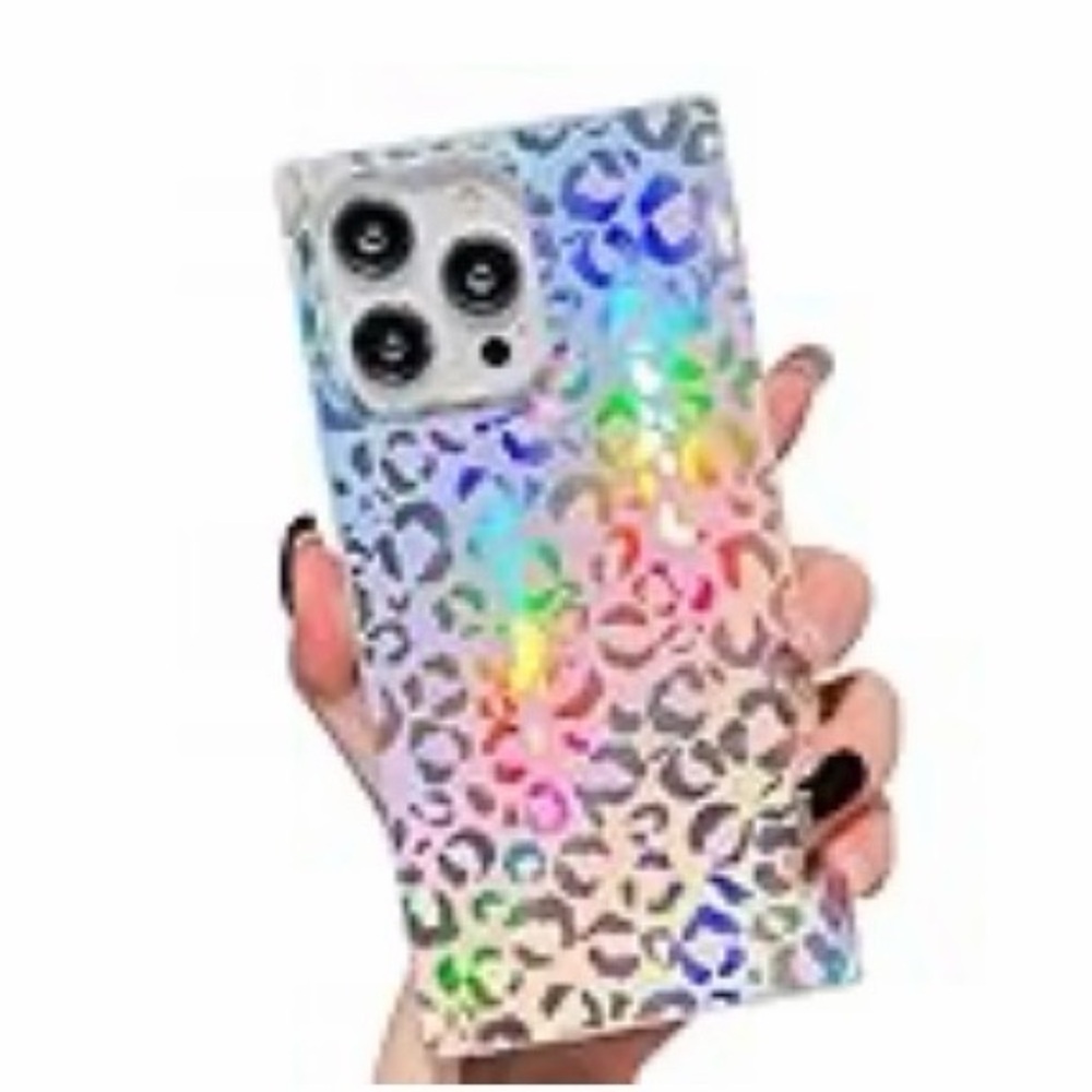 10/$25🦋 Flaunt iPhone 14 Pro Holographic Leopard Square Edge Phone Case